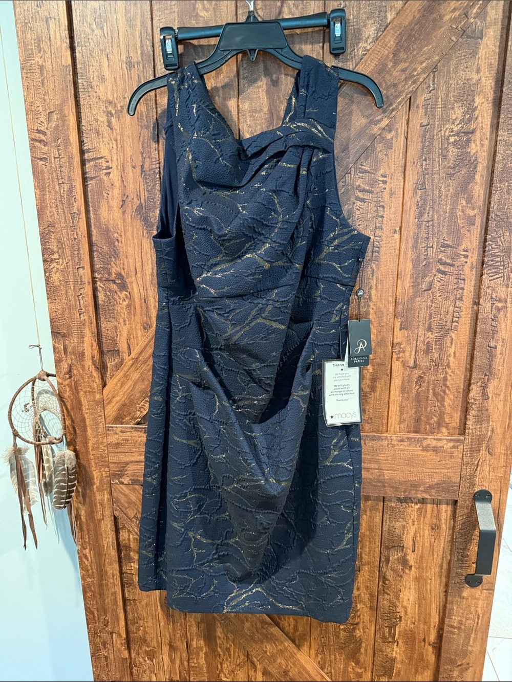 Adrianna Papell Navy Midi Dress with Gold Lurex Pattern